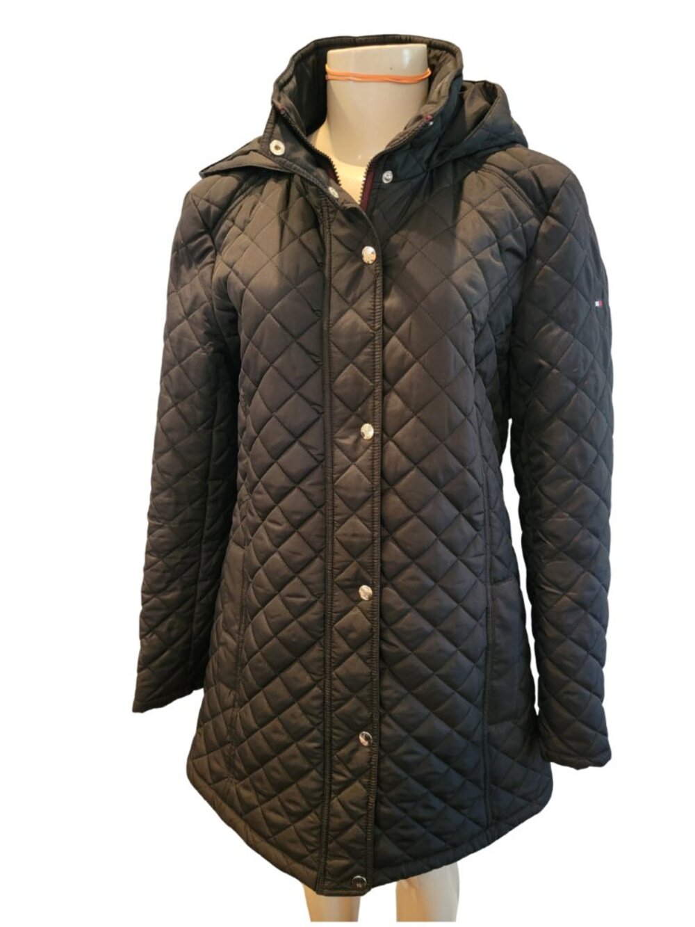 Tommy Hilfiger Black Diamond Quilted Longline Coat with Zip Cuffs and Hood